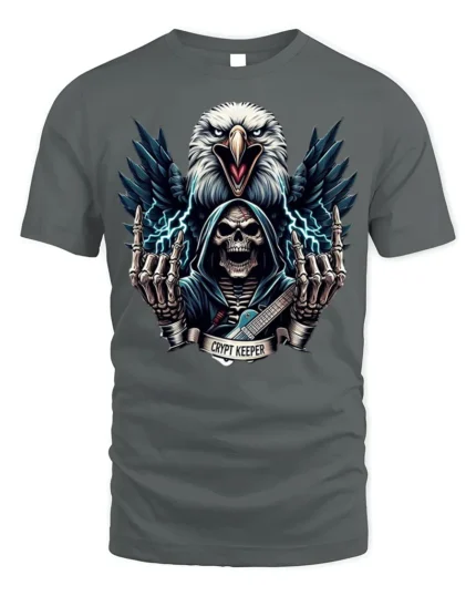 Crypt Keeper Skull T-Shirt with Eagle and Guitar - gray t-shirt on white background