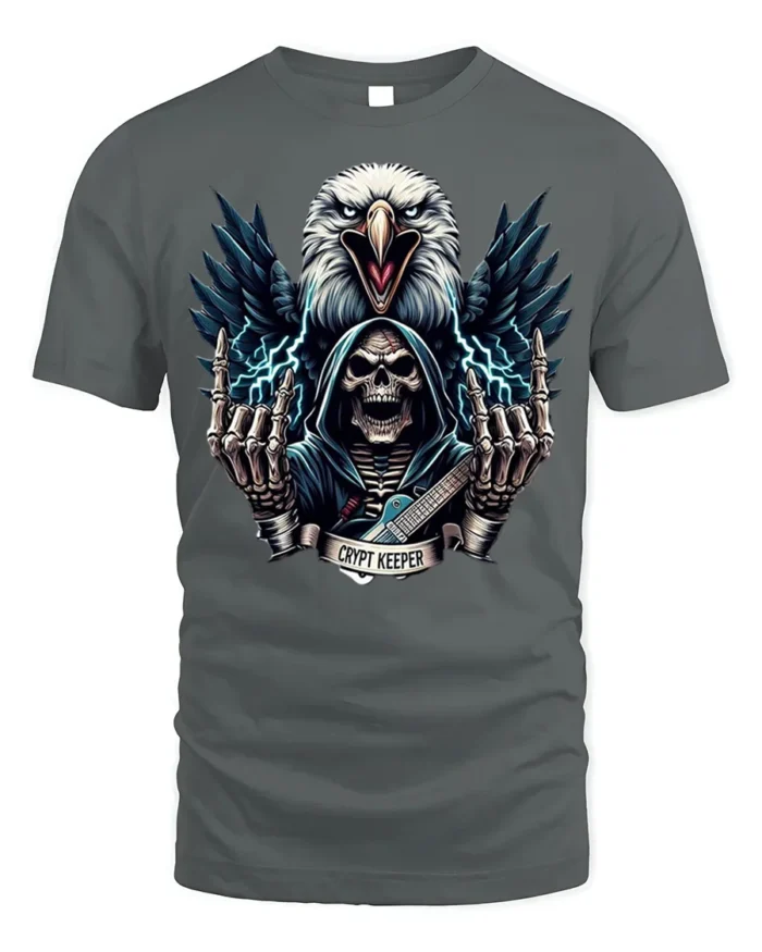 Crypt Keeper Skull T-Shirt with Eagle and Guitar - gray t-shirt on white background