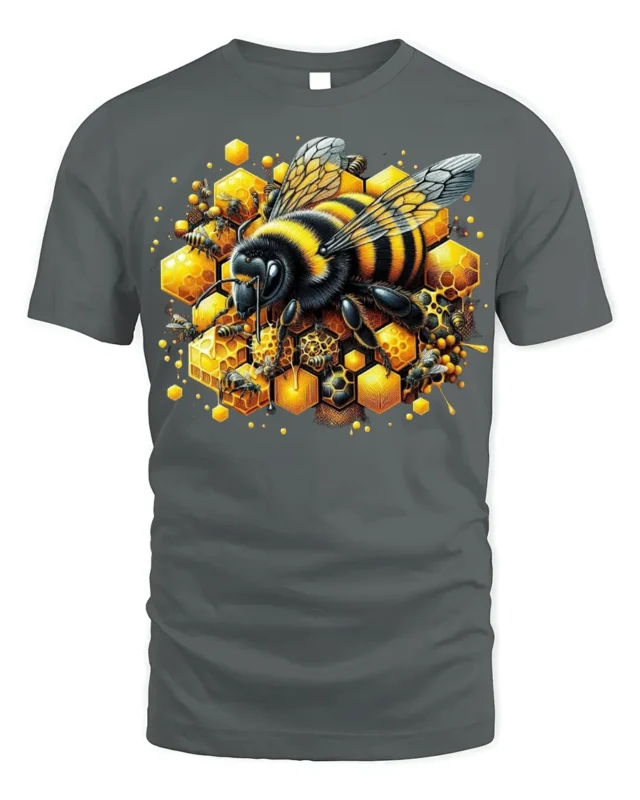 Honey Bee and Honeycomb T-Shirt for Nature Lovers - gray t-shirt on white background