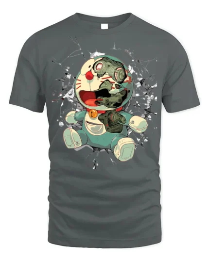 Cyborg Anime Robot T-Shirt with Broken Face Art - gray t-shirt on white background