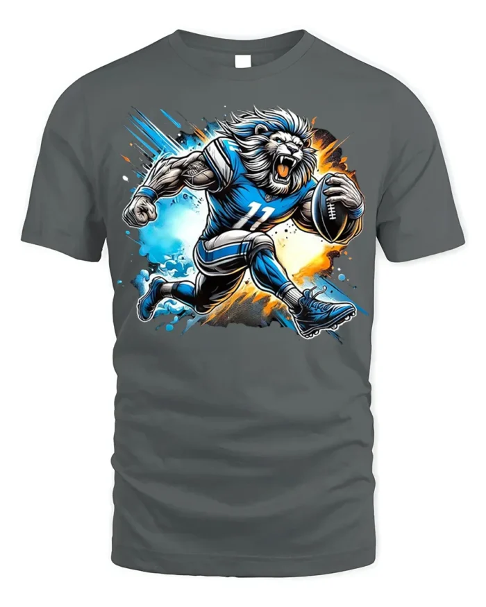 Lion Football Player T-Shirt Cool Sports Graphic Tee - gray t-shirt on white background