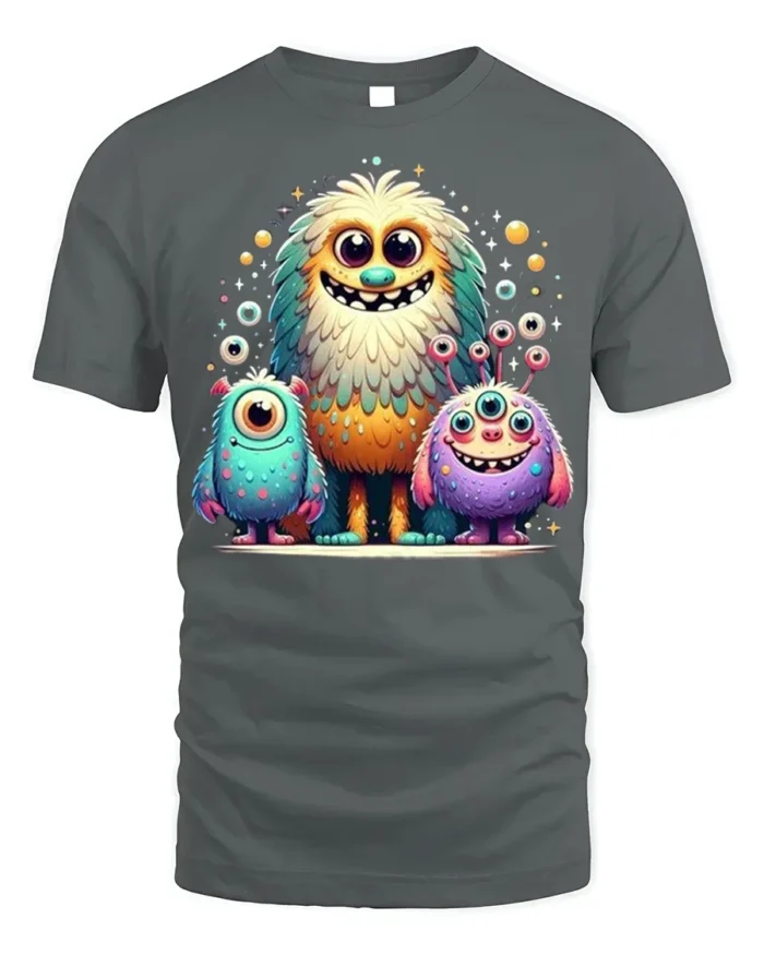 Cute Colorful Monster Family T-Shirt for Kids and Fun - gray t-shirt on white background