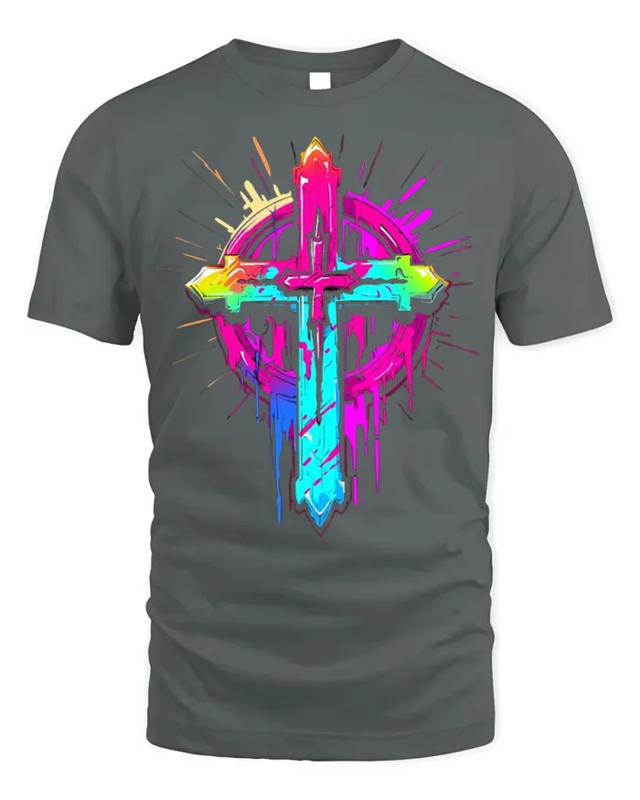 Neon Christian Cross T-Shirt Vibrant Faith Graphic - gray t-shirt on white background
