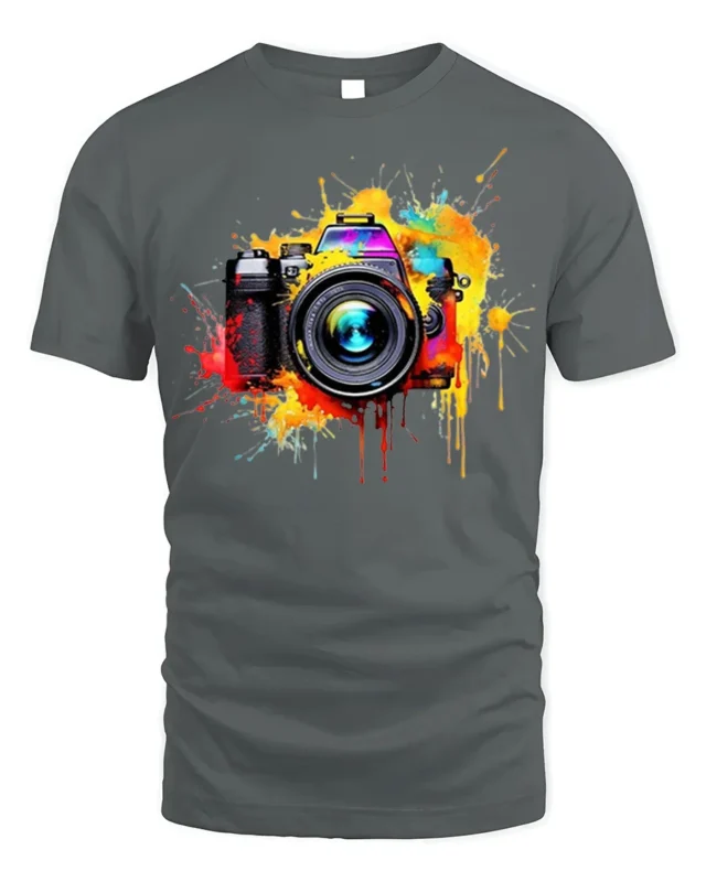 Colorful Camera Photographer T-Shirt Retro Art Style - gray t-shirt on white background