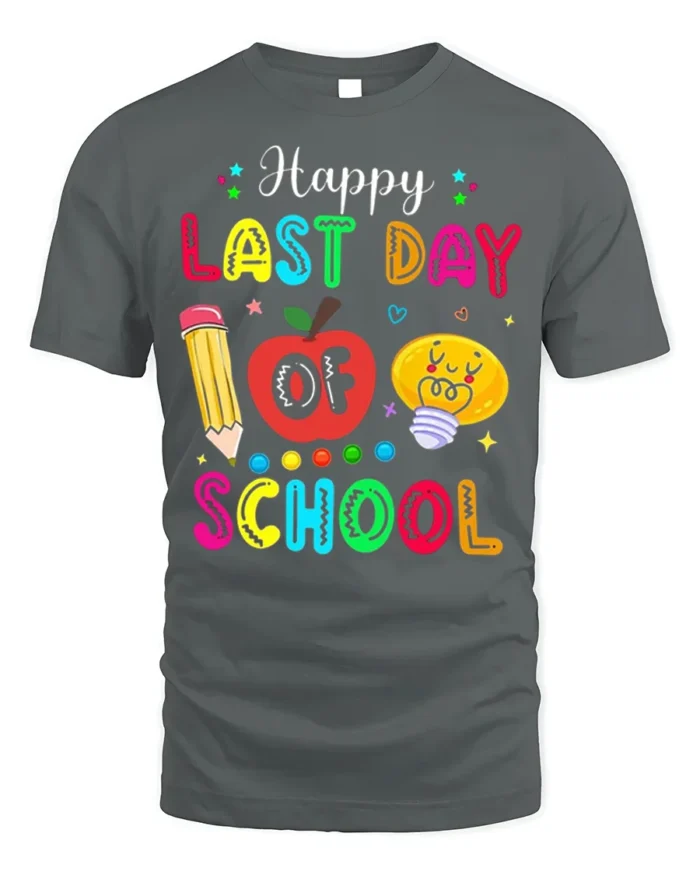 Happy Last Day of School T-Shirt Colorful Teacher - gray t-shirt on white background