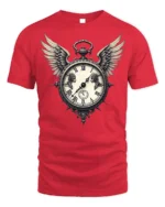 Vintage Winged Clock T-Shirt Gothic Steampunk Design - red t-shirt on white background
