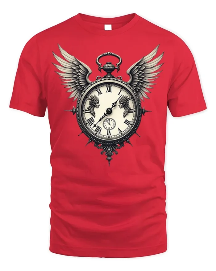 Vintage Winged Clock T-Shirt Gothic Steampunk Design - red t-shirt on white background