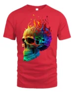 Rainbow Flame Skull T-Shirt for Bold Style Lovers - red t-shirt on white background