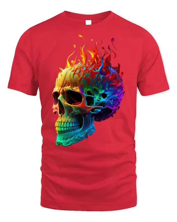 Rainbow Flame Skull T-Shirt for Bold Style Lovers - red t-shirt on white background