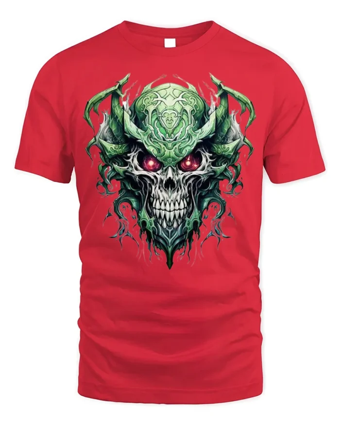 Dark Demon Skull T-Shirt with Glowing Red Eyes - red t-shirt on white background