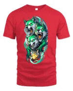 Three-Headed Green Wolf T-Shirt for Mythic Power - red t-shirt on white background