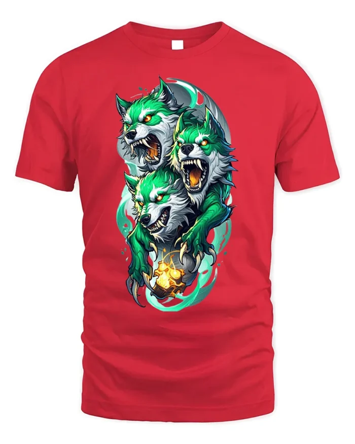 Three-Headed Green Wolf T-Shirt for Mythic Power - red t-shirt on white background