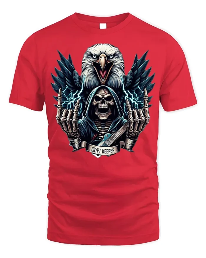 Crypt Keeper Skull T-Shirt with Eagle and Guitar - red t-shirt on white background