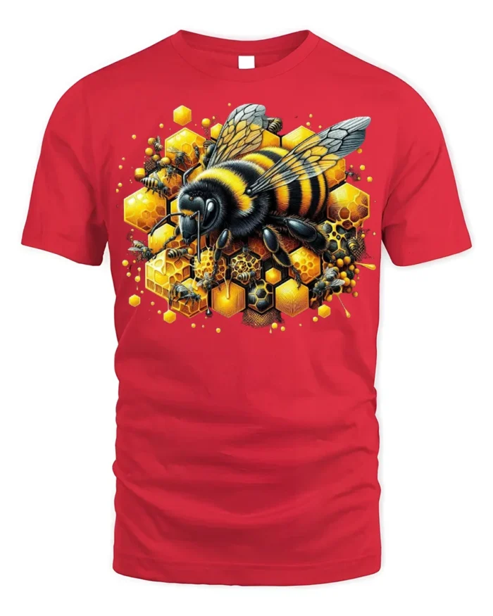 Honey Bee and Honeycomb T-Shirt for Nature Lovers - red t-shirt on white background