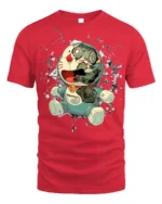 Cyborg Anime Robot T-Shirt with Broken Face Art - red t-shirt on white background