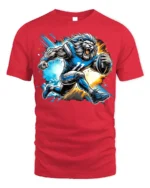 Lion Football Player T-Shirt Cool Sports Graphic Tee - red t-shirt on white background