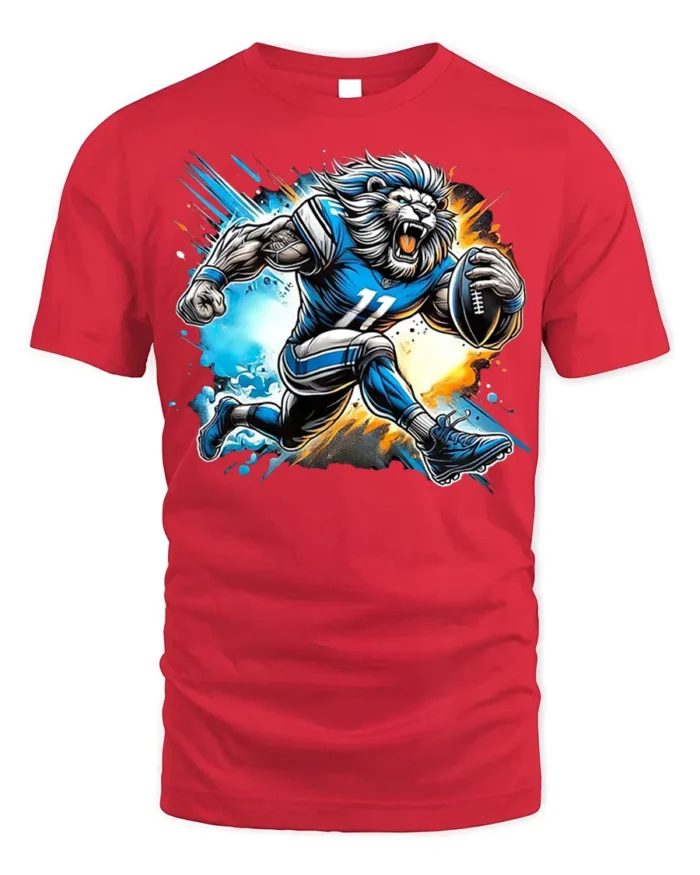 Lion Football Player T-Shirt Cool Sports Graphic Tee - red t-shirt on white background