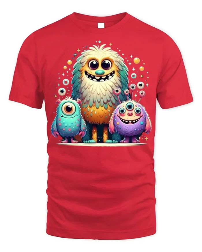 Cute Colorful Monster Family T-Shirt for Kids and Fun - red t-shirt on white background