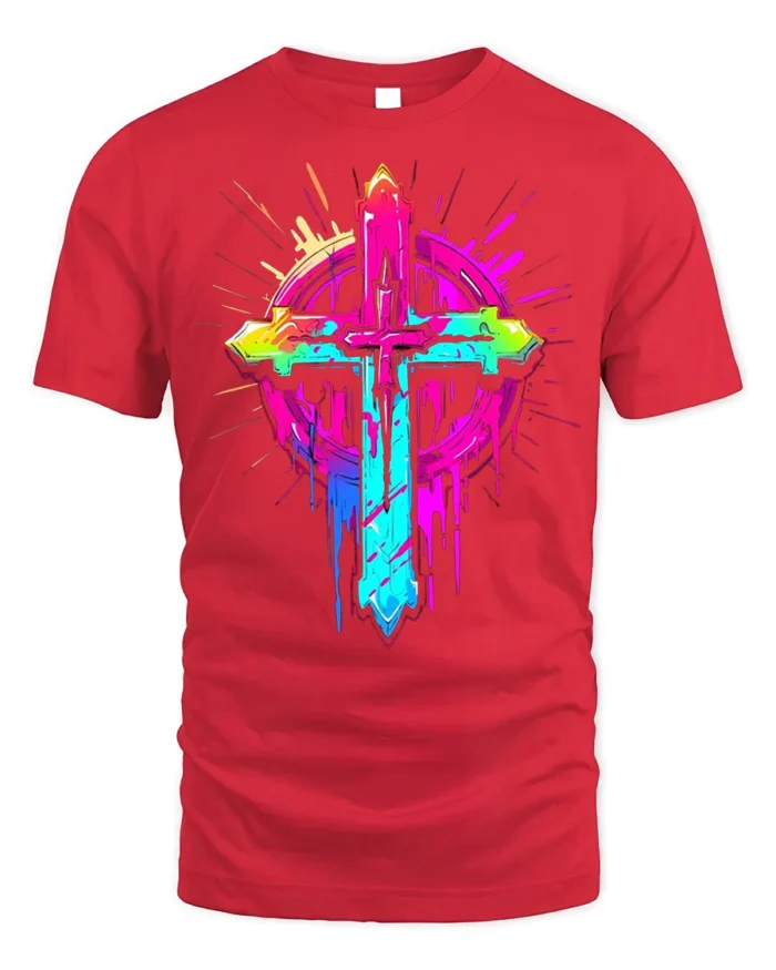 Neon Christian Cross T-Shirt Vibrant Faith Graphic - red t-shirt on white background