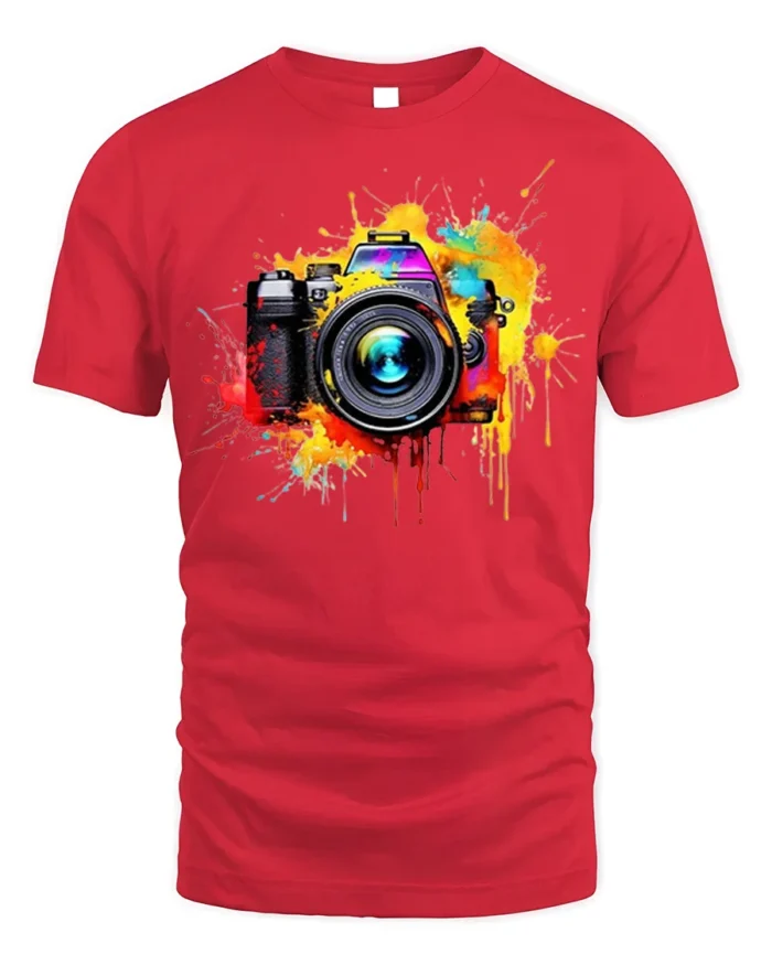 Colorful Camera Photographer T-Shirt Retro Art Style - red t-shirt on white background
