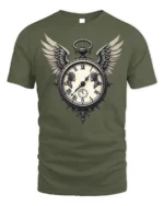 Vintage Winged Clock T-Shirt Gothic Steampunk Design - military green t-shirt on white background
