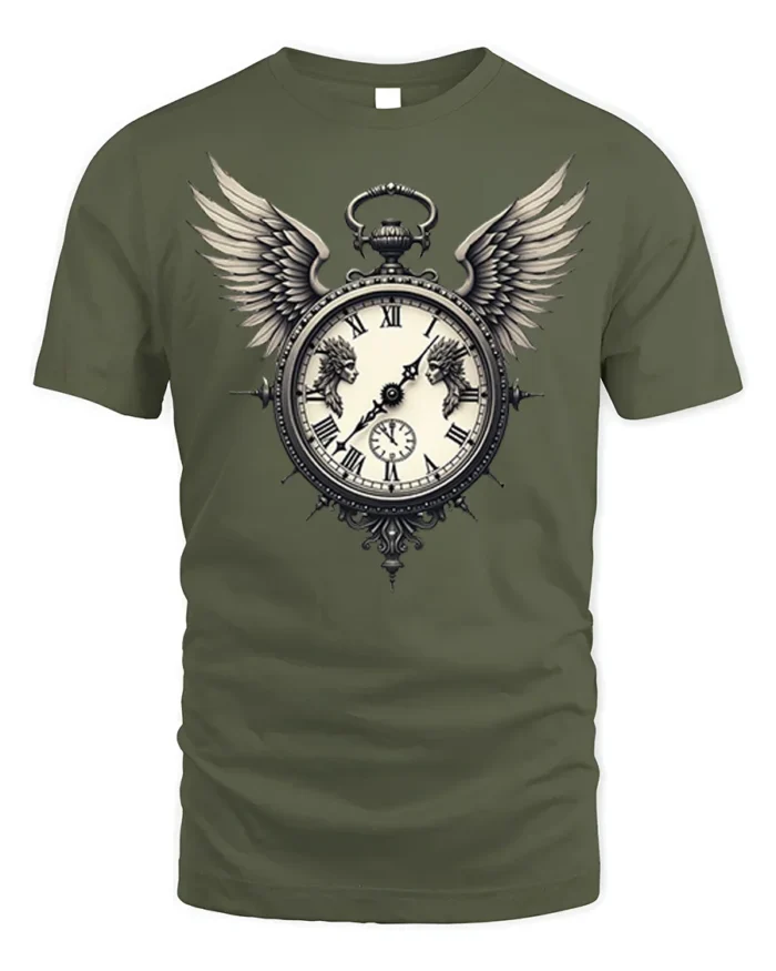 Vintage Winged Clock T-Shirt Gothic Steampunk Design - military green t-shirt on white background