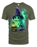 Cute Halloween Witch Ghost T-Shirt for Spooky Fun - military green t-shirt on white background