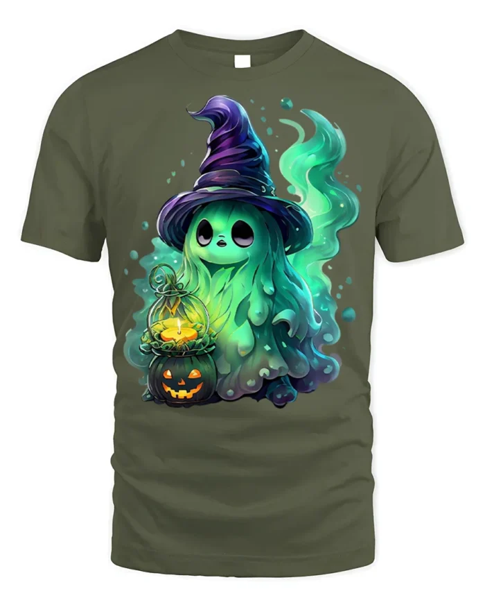 Cute Halloween Witch Ghost T-Shirt for Spooky Fun - military green t-shirt on white background