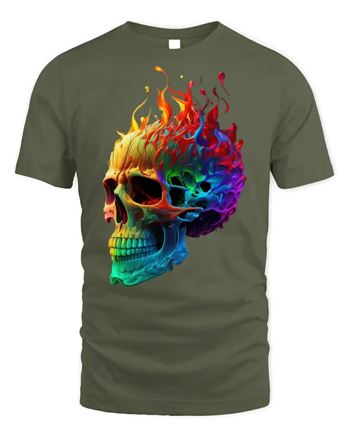 Rainbow Flame Skull T-Shirt for Bold Style Lovers - military green t-shirt on white background