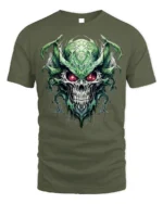 Dark Demon Skull T-Shirt with Glowing Red Eyes - military green t-shirt on white background