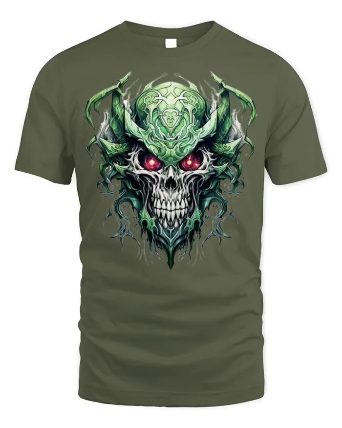 Dark Demon Skull T-Shirt with Glowing Red Eyes - military green t-shirt on white background