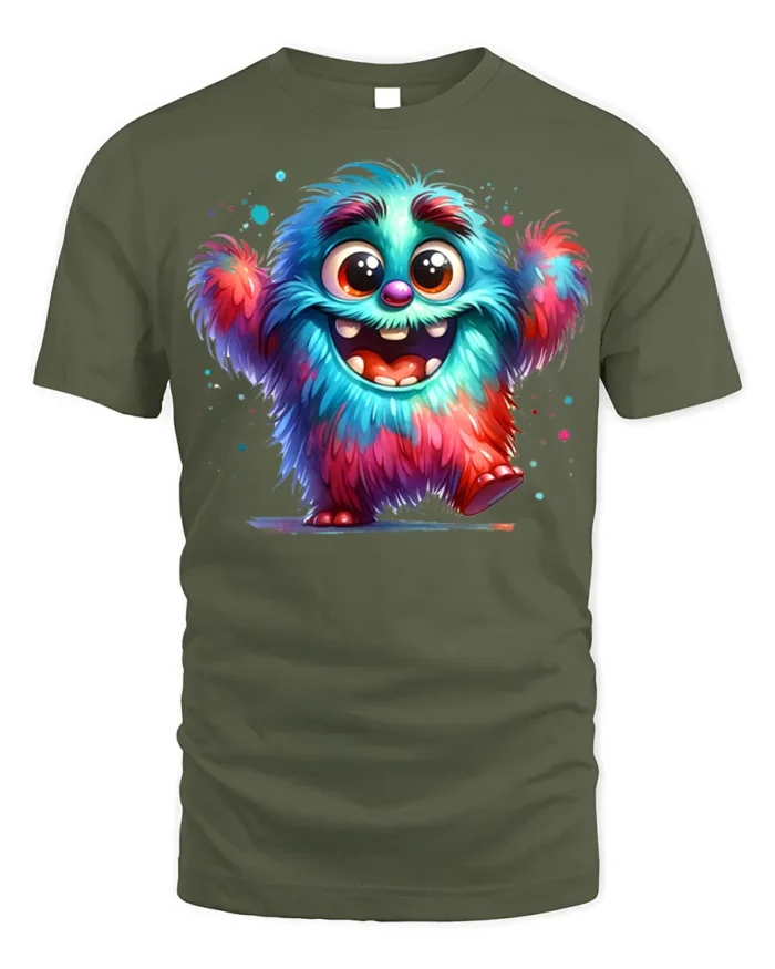 Colorful Happy Monster T-Shirt for Fun-Loving Vibes - military green t-shirt on white background