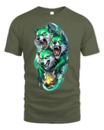 Three-Headed Green Wolf T-Shirt for Mythic Power - military green t-shirt on white background