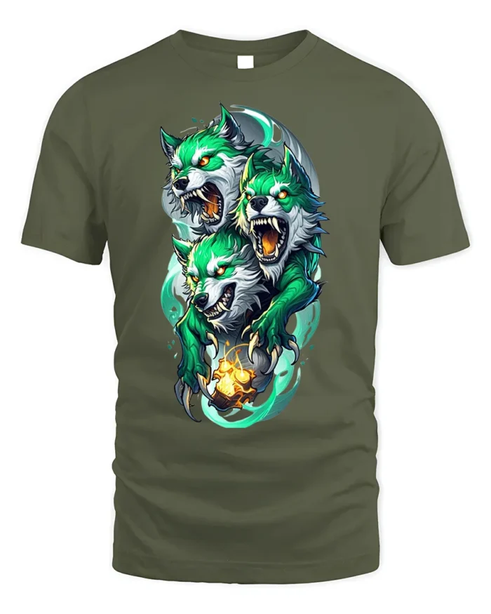 Three-Headed Green Wolf T-Shirt for Mythic Power - military green t-shirt on white background