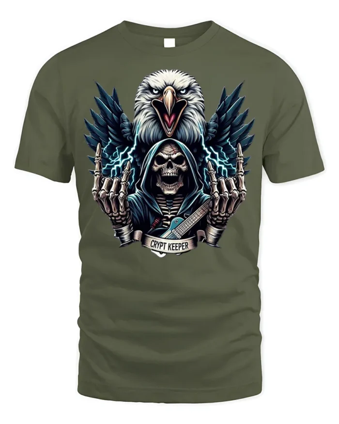 Crypt Keeper Skull T-Shirt with Eagle and Guitar - military green t-shirt on white background