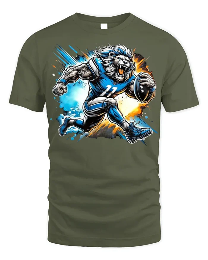 Lion Football Player T-Shirt Cool Sports Graphic Tee - military green t-shirt on white background