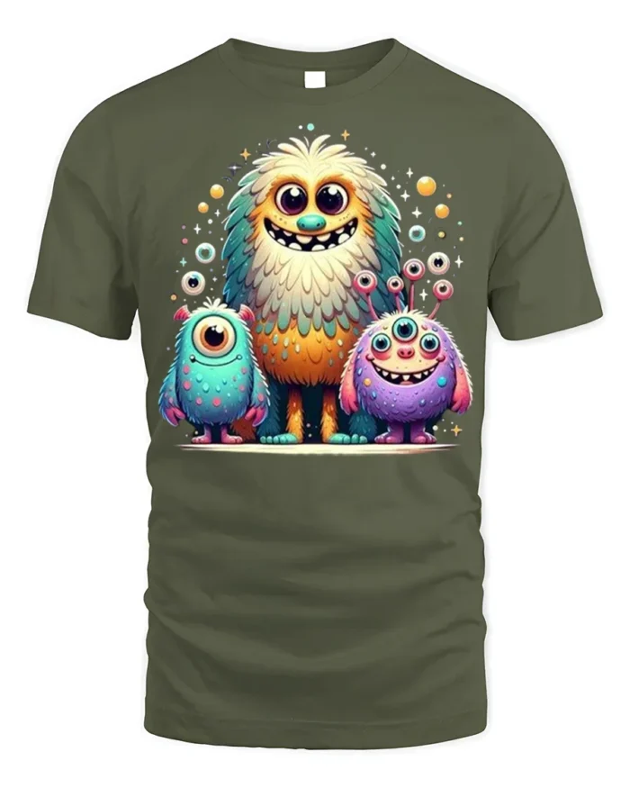 Cute Colorful Monster Family T-Shirt for Kids and Fun - military green t-shirt on white background