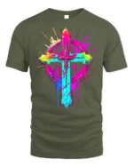 Neon Christian Cross T-Shirt Vibrant Faith Graphic - military green t-shirt on white background