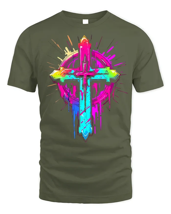 Neon Christian Cross T-Shirt Vibrant Faith Graphic - military green t-shirt on white background
