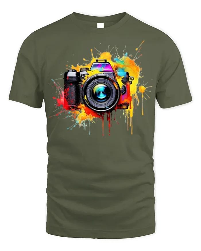 Colorful Camera Photographer T-Shirt Retro Art Style - military green t-shirt on white background