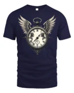 Vintage Winged Clock T-Shirt Gothic Steampunk Design - navy t-shirt on white background