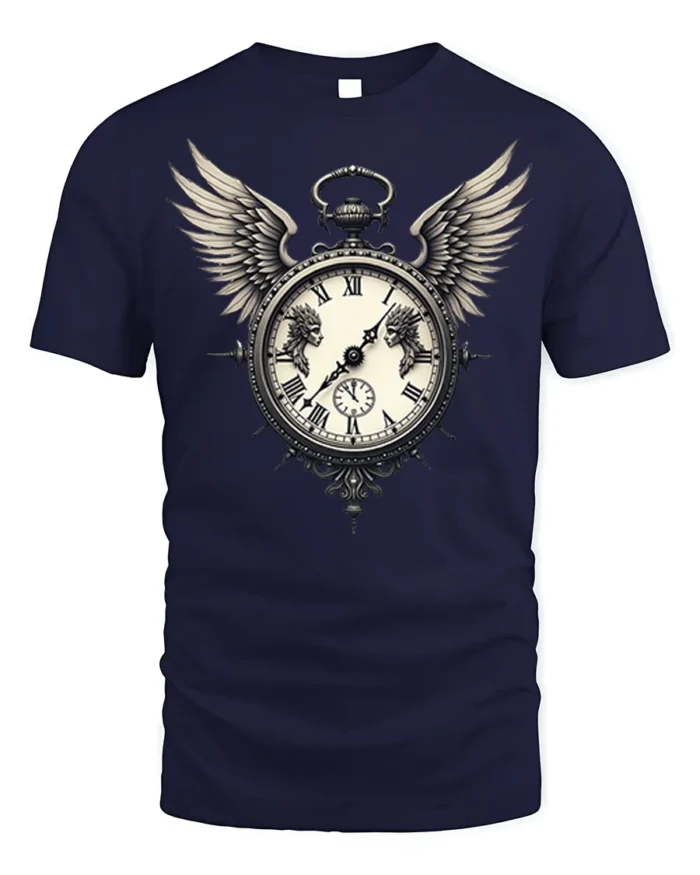 Vintage Winged Clock T-Shirt Gothic Steampunk Design - navy t-shirt on white background