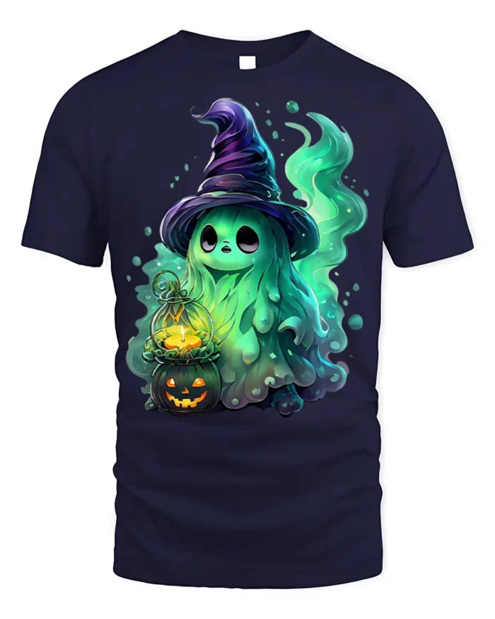 Cute Halloween Witch Ghost T-Shirt for Spooky Fun - navy t-shirt on white background