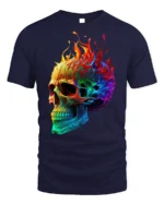 Rainbow Flame Skull T-Shirt for Bold Style Lovers - navy t-shirt on white background
