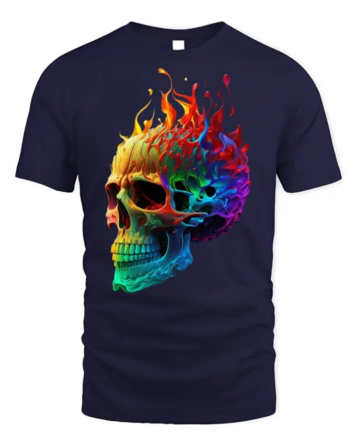 Rainbow Flame Skull T-Shirt for Bold Style Lovers - navy t-shirt on white background