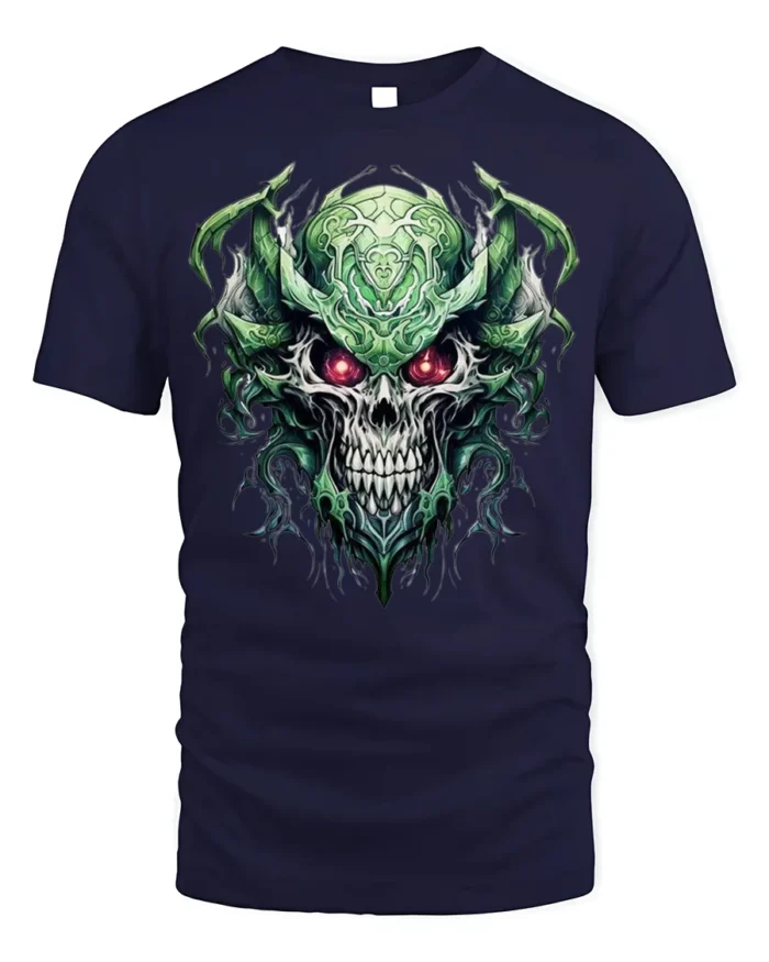 Dark Demon Skull T-Shirt with Glowing Red Eyes - navy t-shirt on white background