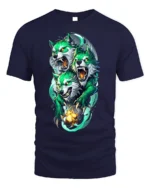 Three-Headed Green Wolf T-Shirt for Mythic Power - navy t-shirt on white background