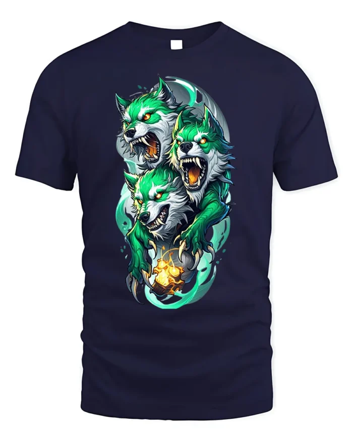 Three-Headed Green Wolf T-Shirt for Mythic Power - navy t-shirt on white background