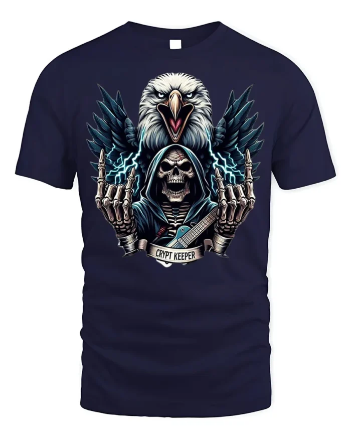 Crypt Keeper Skull T-Shirt with Eagle and Guitar - navy t-shirt on white background