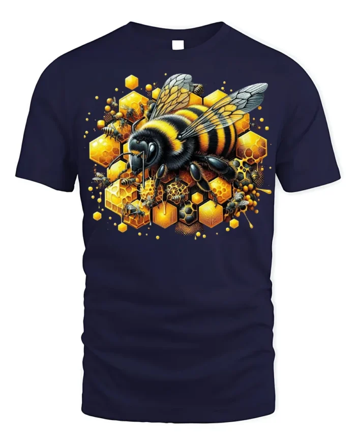 Honey Bee and Honeycomb T-Shirt for Nature Lovers - navy t-shirt on white background